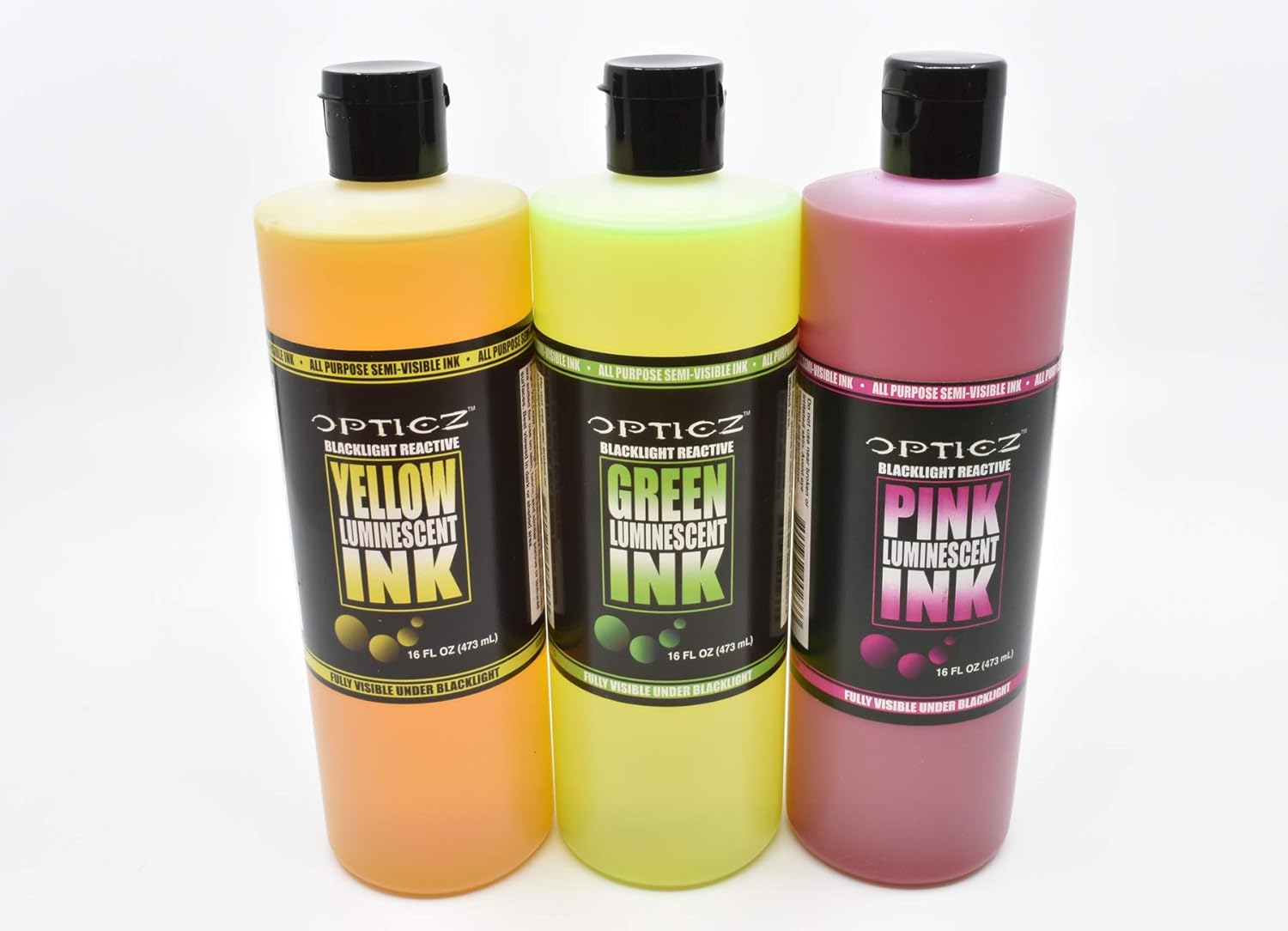 Opticz Daytime Visible Luminescent UV Blacklight Reactive Marking Ink (3 Color Variety Pack, 16 Ounce)