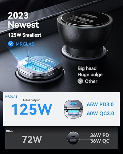 Miniatura 2 de MRGLAS [Paquete de 2] Cargador de coche USB C de 125 W, mini adaptador de coche USB C de metal de carga rápida PD65W y QC60W de doble puerto tipo C