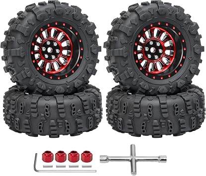 LRFHL 1.3" Beadlock Wheel Tires Aluminum 1.3 Beadlock Wheels and Tires Upgraded 1.45-inch Wheel for 1/24 SCX24 1/18 TRX4M RC Crawler Car Upgrade 4PCS, Red