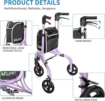 Planetwalk Premium 3 Wheel Roller Walker for Seniors - Ultralight Folding Walker for Seniors, Aluminum Tri Wheel Moving Aid, Brilliant Purple