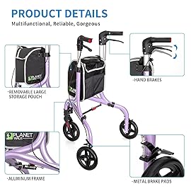 Planetwalk Premium 3 Wheel Rollator Walker for Seniors - Ultra Lightweight Foldable Walker for Elderly, Aluminum Three Wheel Mobility Aid, Brilliant Purple