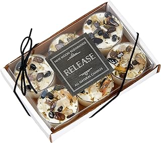 Release Candle by New Moon Beginnings - Soy Candle - All Natural Aromatherapy Candle - Dried Flower, Herb, & Natural Crystal Candle- Set of 6 Tealights