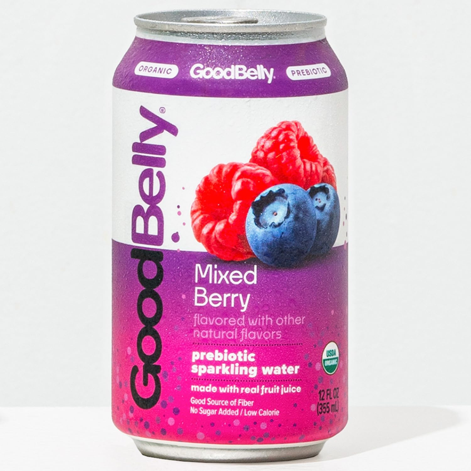 GoodBelly Organic Mixed Berry Prebiotic Flavored Sparkling Water| Refreshing Sparkling Water with Real Fruit Juice | No Added Sugar, Low Calorie | 12oz Cans - Pack of 4USDA Organic