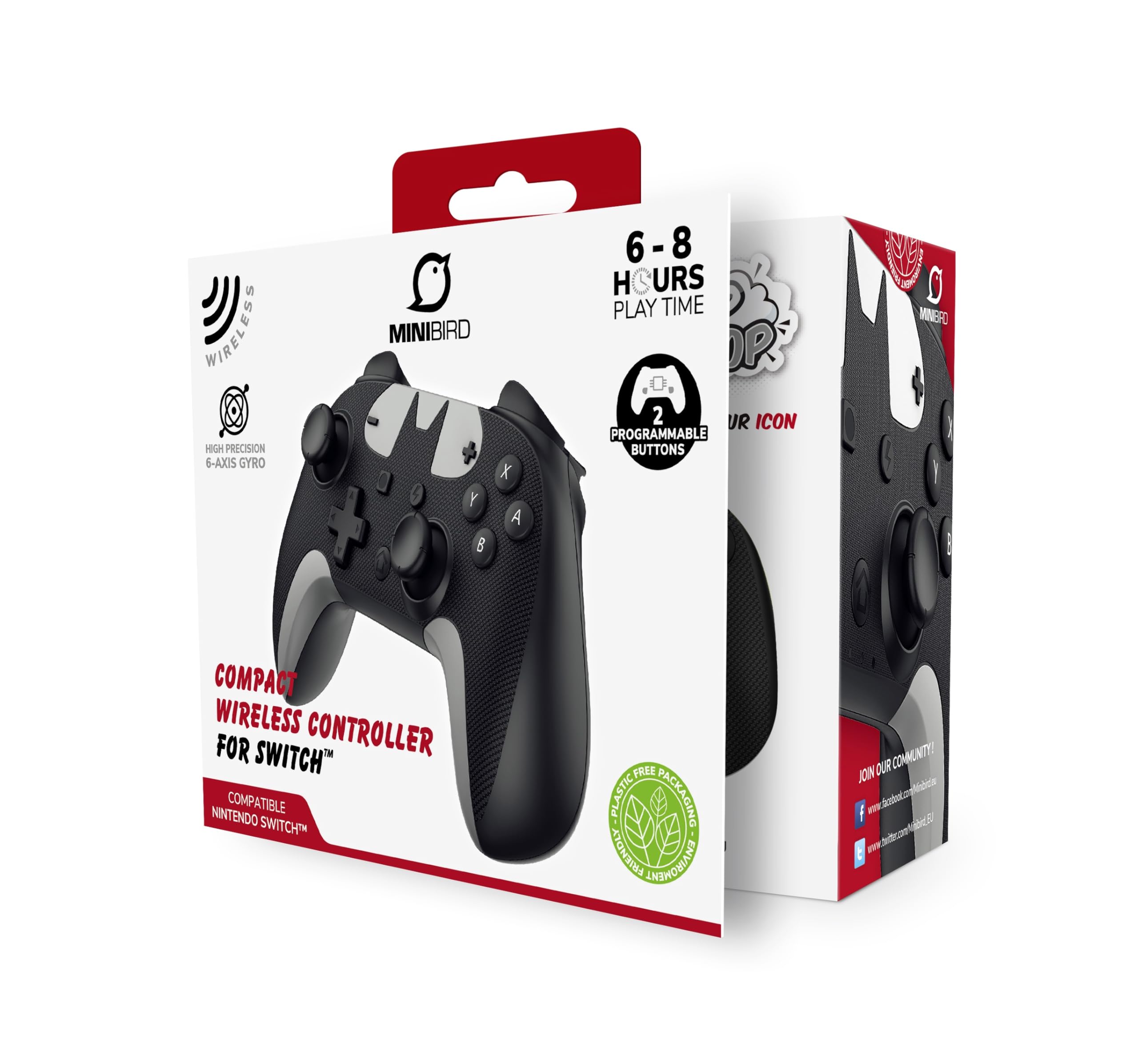 Minibird Pop Top - Manette sans fil Bluetooth "Le Signal" pour Nintendo Switch - Autonomie 16 heures - Manette Compacte et Compatible pour Switch/Switch Lite/Switch Pro - Turbo - Noir et Gris