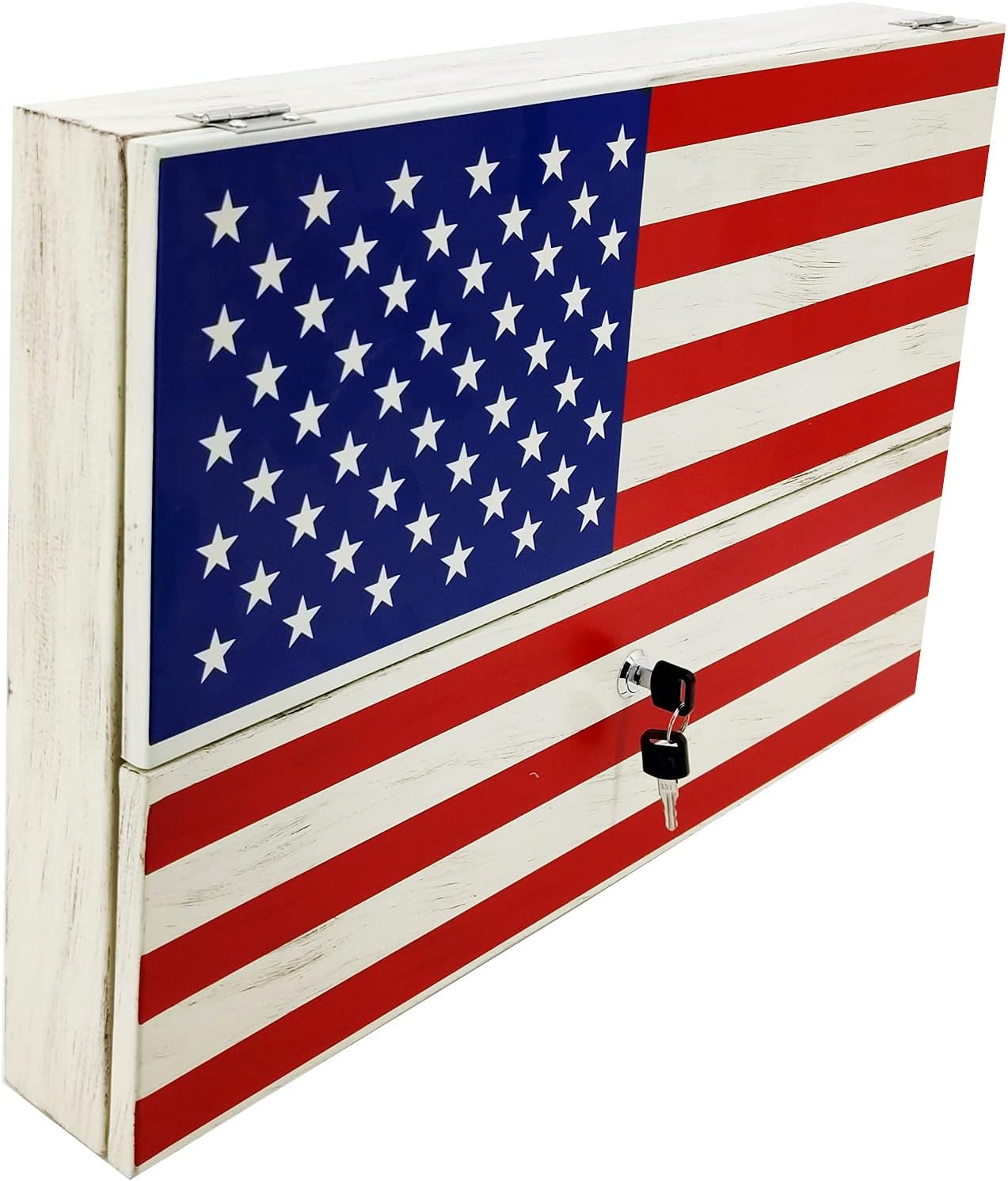 FixtureDisplays® American Flag Gun Cabinet Safe with Lock 2 Keys Wall Mount Art Decor Concealed Metal Wood Storage Shelf 22x15x3" Men Husband Father Birthday Gift 10099-2D