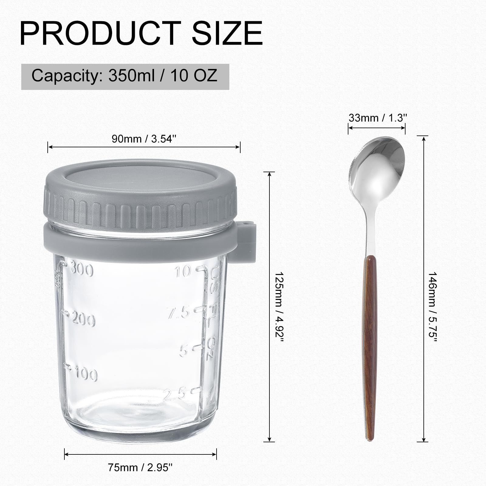 QUARKZMAN Übernacht Haferflocken Behälter mit Deckel 6stk - 10 Oz Übernacht Haferflocken Gläser mit Löffeln und Maß Markierungen Mason Glas Gläser für Milch Müsli (Grau)