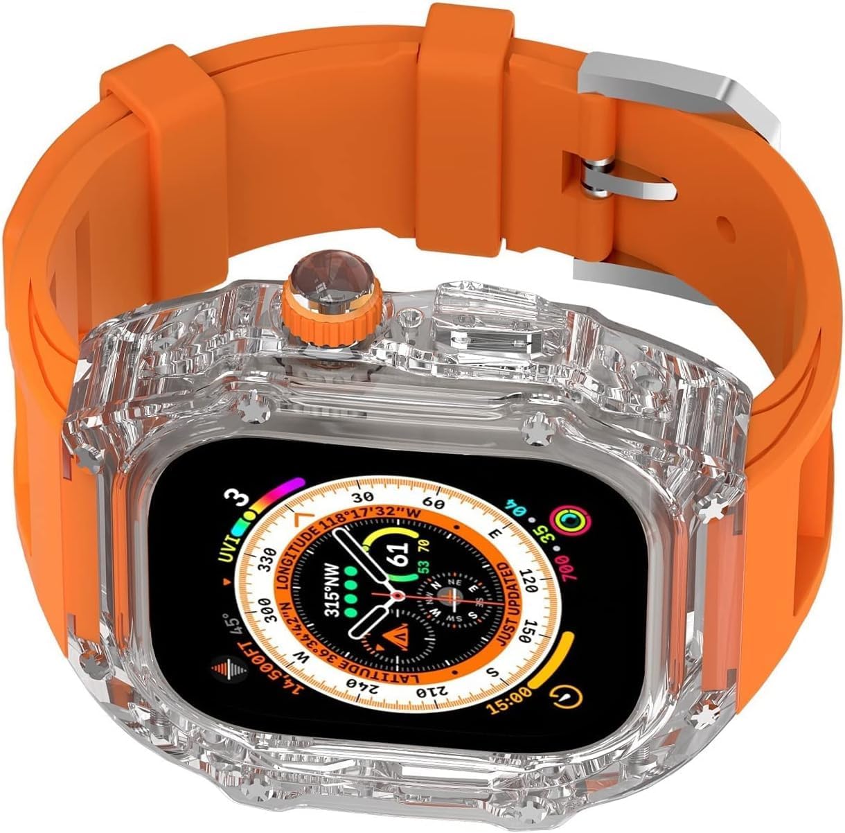 PC Transparent Watch Case Rubber Watch Band，For Apple Watch 9 8 7 6 5 4 SE Series，Crystal Shockproof Case Band Mod Kit，For Iwatch 44mm 45mm Replacement Accessories