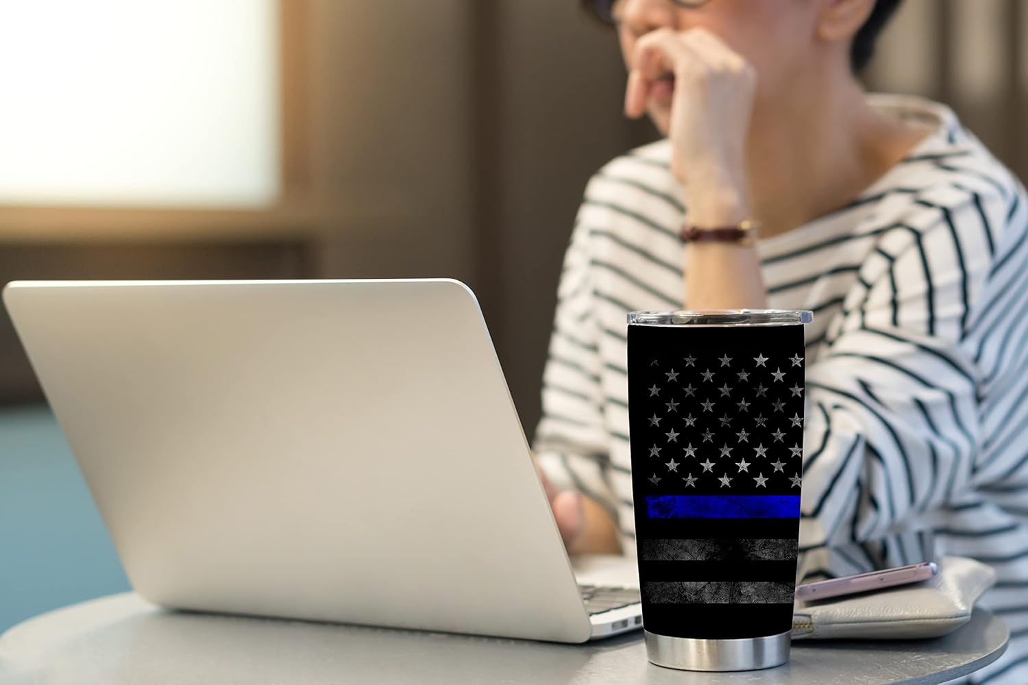 Hasdon-Hill Thin Blue Line Flag Tumbler, USA Police Flag Stainless Steel Insulated Travel Coffee Mug 20 oz - Image 4