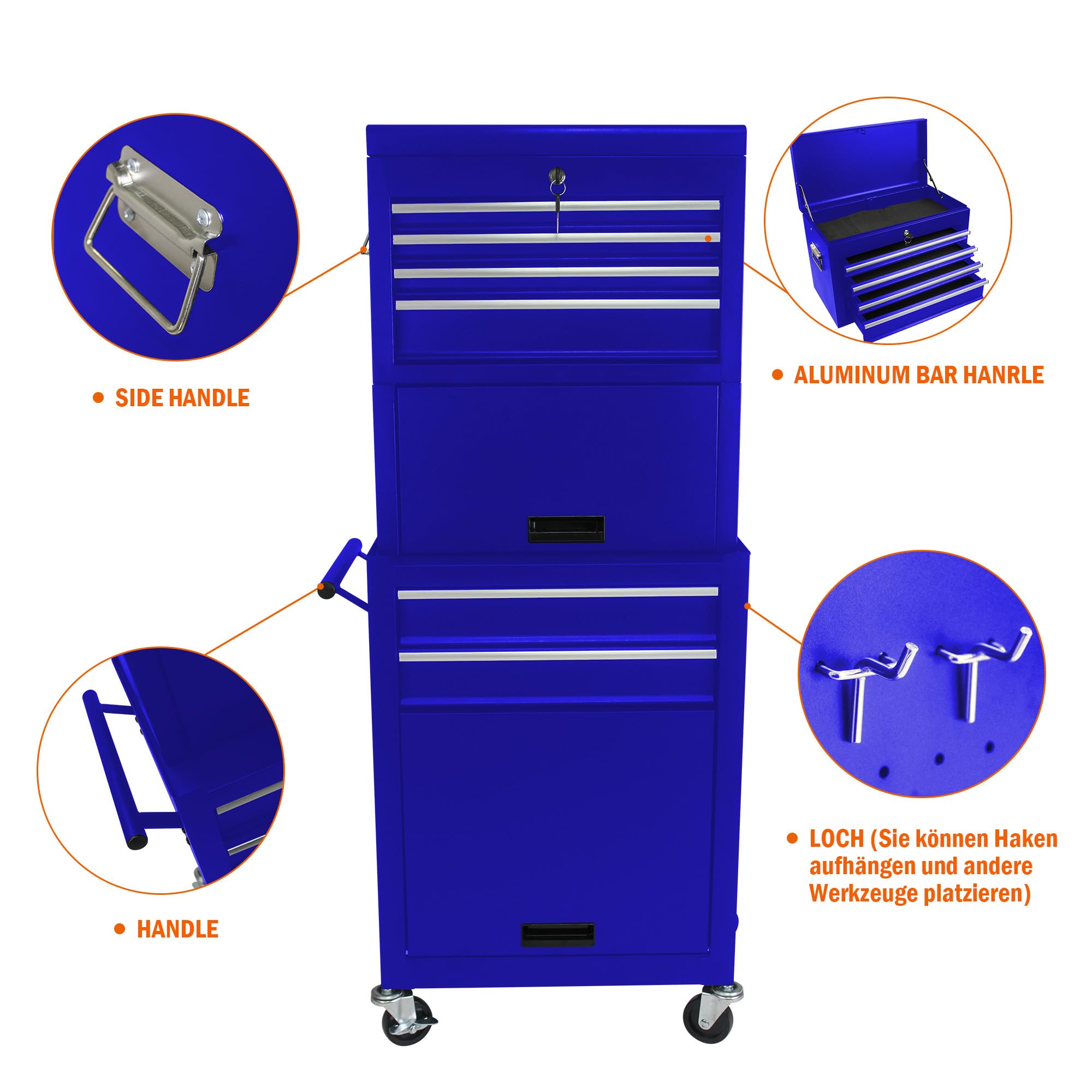 Generisch Carrello portautensili con 6 cassetti con contenitore arrotolabile bloccabile, 4 ruote universali (2 frenate) e pannello sospeso – organizzatore blu 2 in 1 per garage/officina