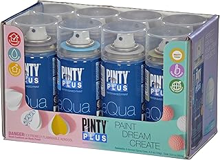 PINTY PLUS Aqua Mini Spray Paint - Art Set of 8 Water Based 4.2oz Cans. Ultra Matte Finish. Perfect For Arts & Crafts. Works on Plastic, Metal, Wood, Cardboard