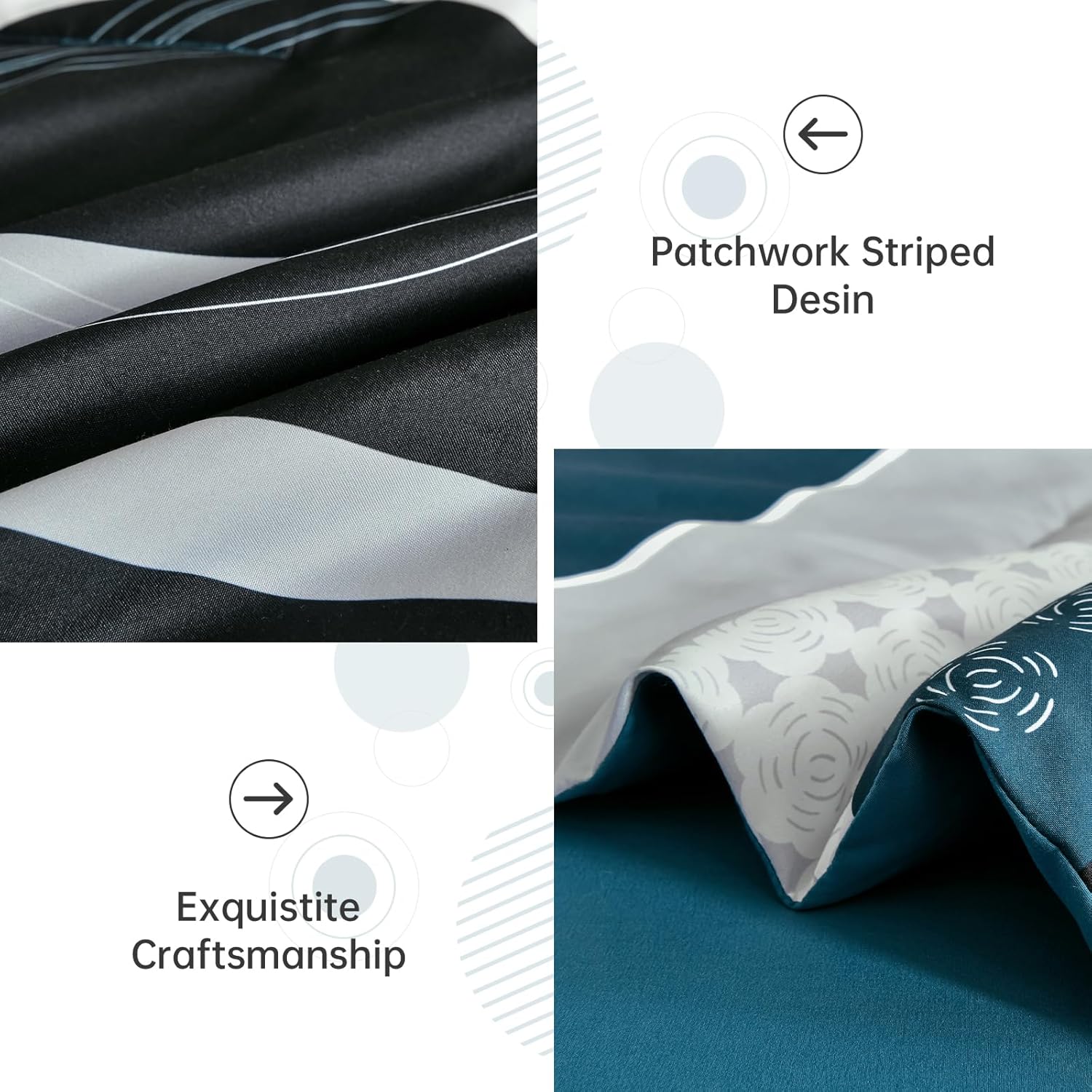 Anibedding Teal Comforter Set King Size, 8 Piece Patchwork Striped Comforter Set, Soft Microfiber Boho Bedding Set for All Season(104"×90") - Image 4