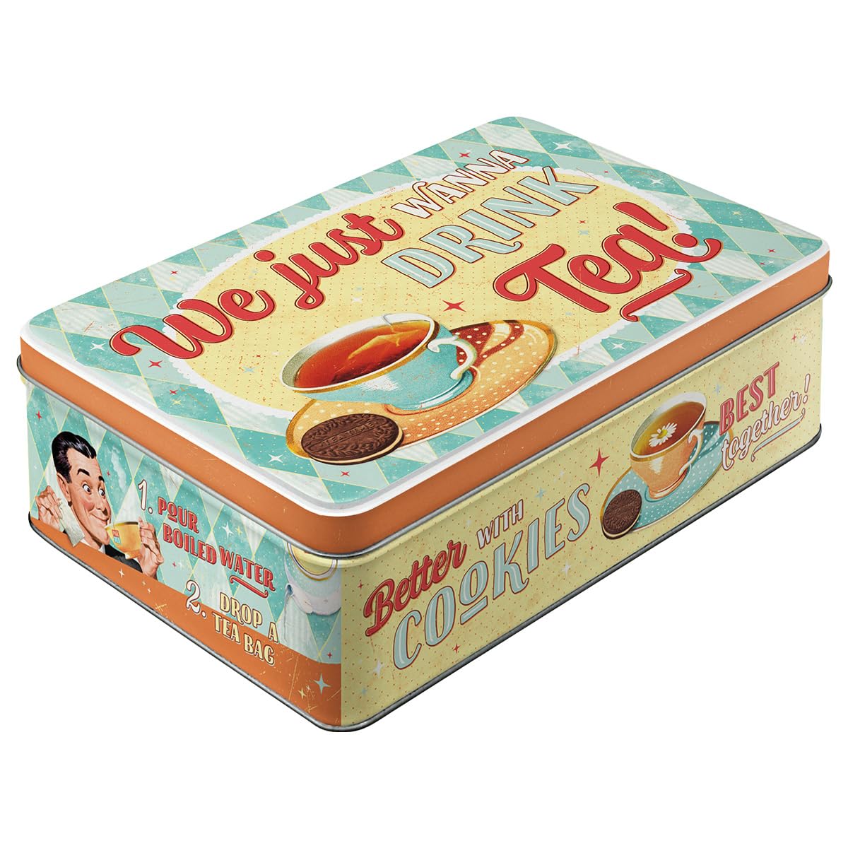 Nostalgic-Art Retro storage tin box flat, 2.5 l, Tea & Cookies Together – Gift idea for nostalgia fans, metal tin with lid, vintage design