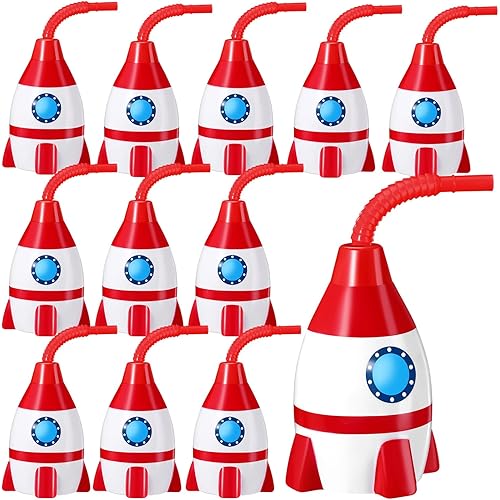 Tanlade 12 Set Traffic Vehicle Cups with Straws, Plastic Traffic Vehicle Shape Cup Reusable Vehicle Party Plastic Cups Bulk Truck Birthday Party Favor for Car Birthday Party Supplies(Rocket)