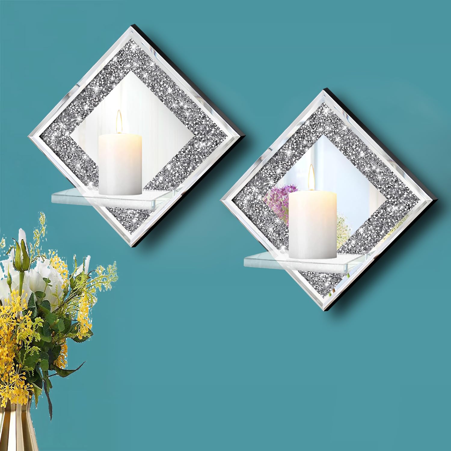 ZOLAPI Kristall-Crush-Diamant-Kerzenhalter im 2er-Set, Diamant, Silber, verspiegelte Kerzenleuchter, Wanddekorationen für Wohnzimmer, Esszimmer und Schlafzimmer