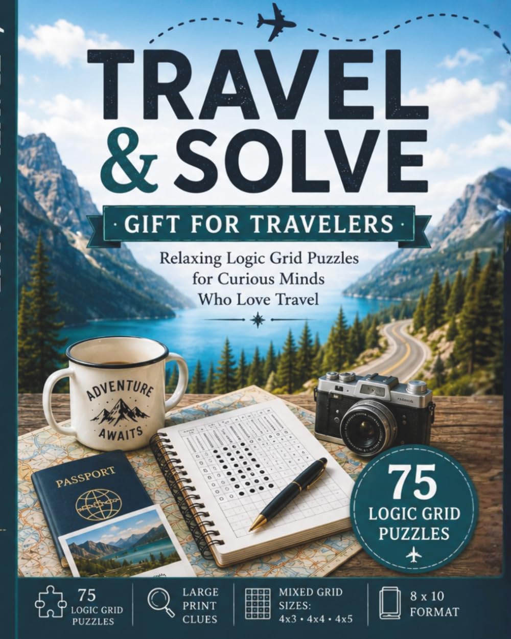 Travel & Solve: Gift for Travelers: Relaxing Logic Grid Puzzles for Curious Minds Who Love Travel | 75 Puzzles | Large Print Clues | 4x3 • 4x4 • 4x5 Grid Sizes