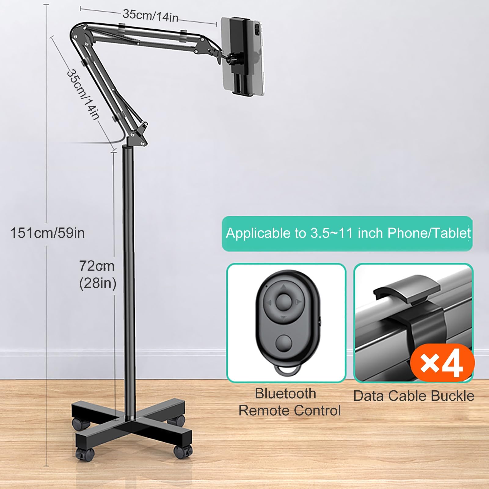 Réglable Support Tablette sur Pied, Porte Liseuse avec Tourne-Page à Distance, Téléphone Stand à roulettes