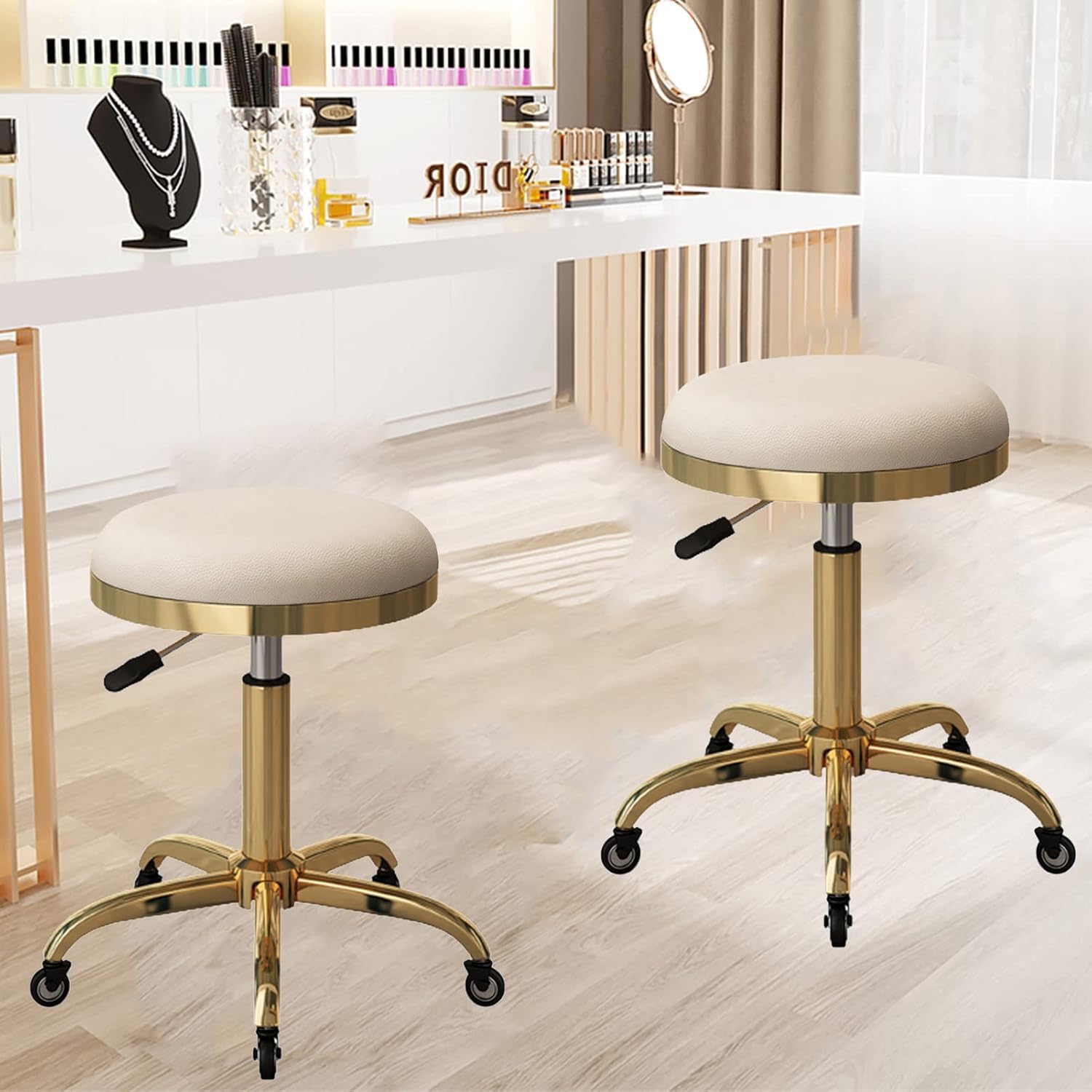 Sgabello da Salone Rotondo rotolante Sgabello da Bar Girevole Piccolo bancone Sedia per Trucco Bellezza Regolazione Altezza 45-56 cm e Metallo Titanio Oro 5 Artigli con Ruote