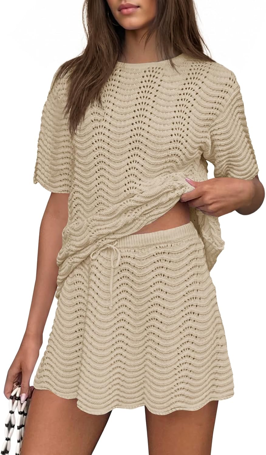 Fisoew Womens Crochet Swimsuit Coverup 2 Piece Skirt Sets Bathing Suit Cover Up Knit Beach Vacation Clothes Summer Outfits