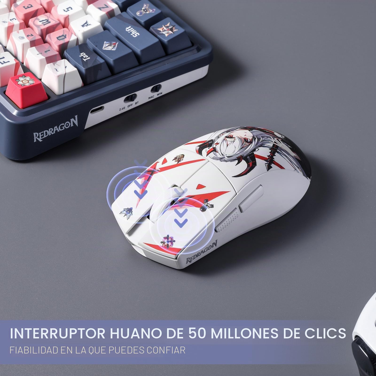 Redragon M916AK PRO - Ratón de juego de anime 3 modos, 42 G, ultraligero, 26 K DPI, conergonómico agarre natural, botones programables, software compatible