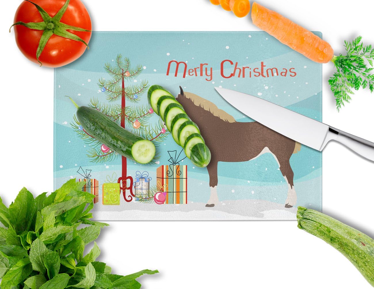 Caroline's Treasures BB9273LCB Percheron Horse Christmas Glass Cutting Board Large, Teal Decorative Tempered Glass Kitchen Cutting and Serving Board Large Size Chopping Board