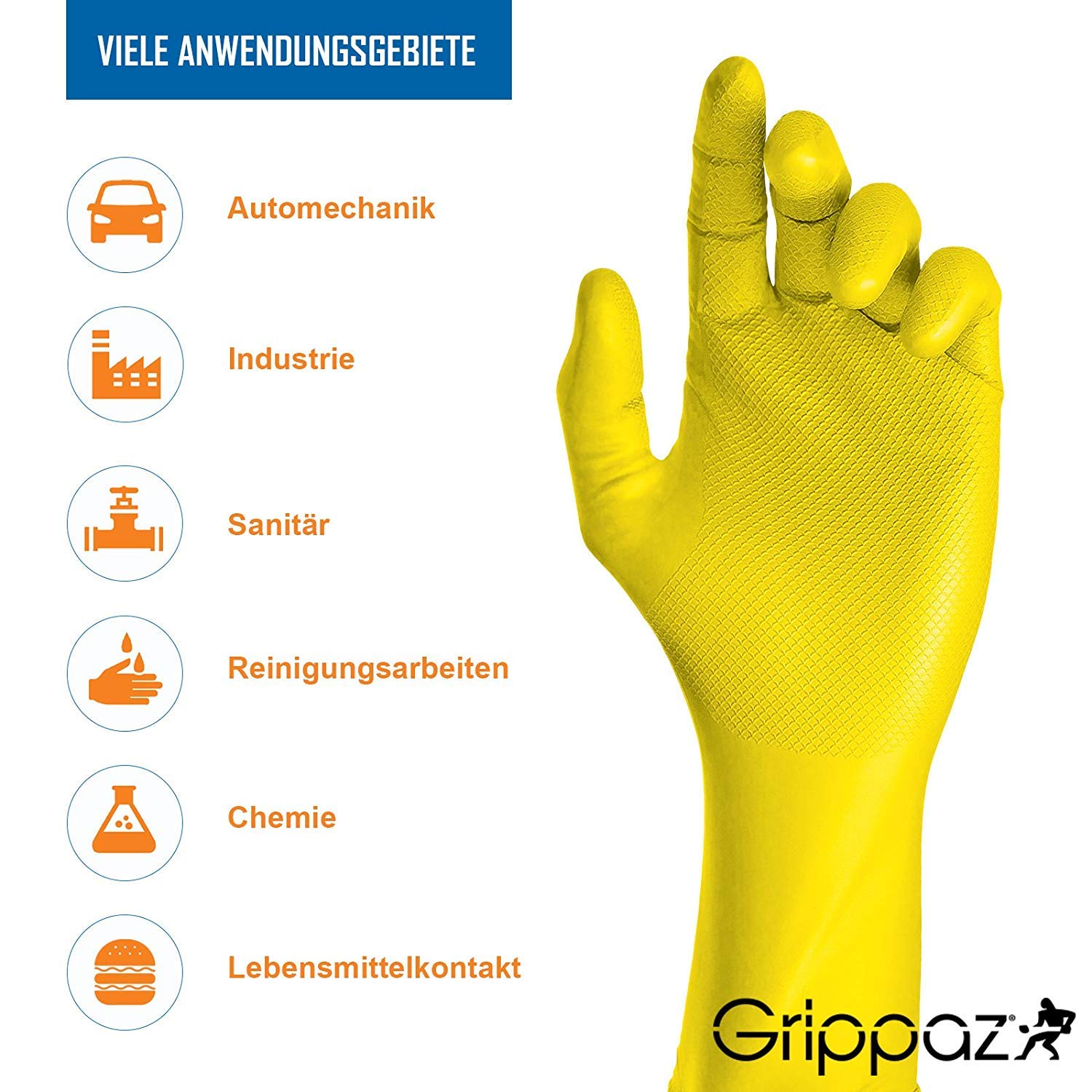 Grippaz Work-Inn Nitril-Handschuhe Gelb 30cm (50 Stück) | Größe XXL | latexfreie Arbeitshandschuhe extrem robust & rutschfest | ohne Puder patentierte Schuppenprägung | Einweghandschuhe + hygienisch