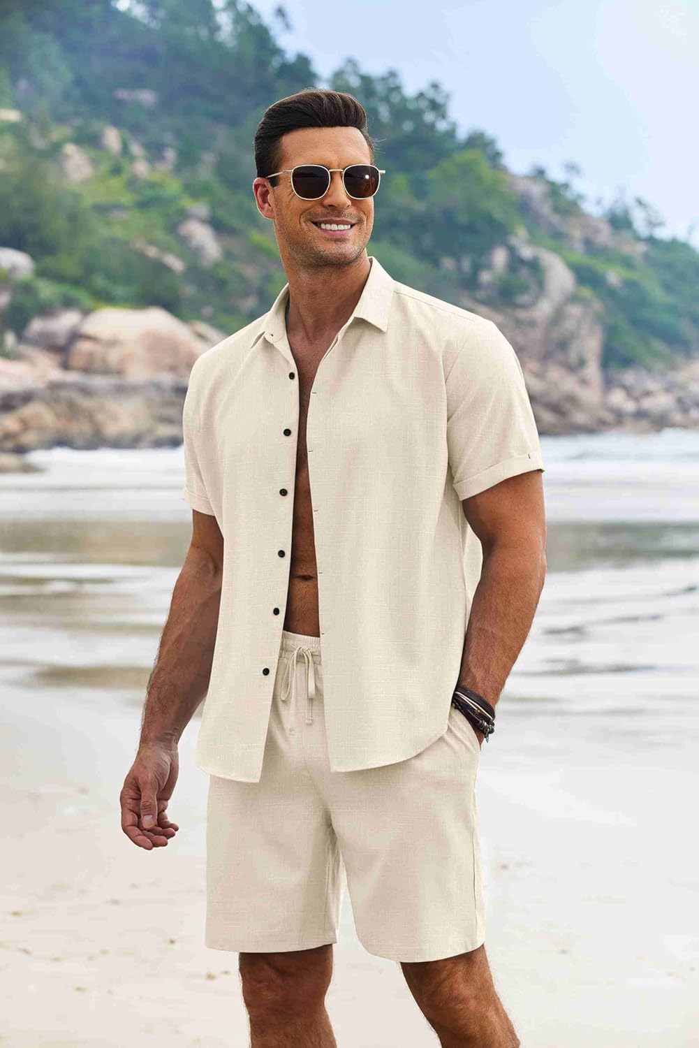 COOFANDY Men's Summer Beach Outfits 2 Piece Short Sleeve Shirts and Shorts Vacation Texture Linen Sets for Men - Image 4