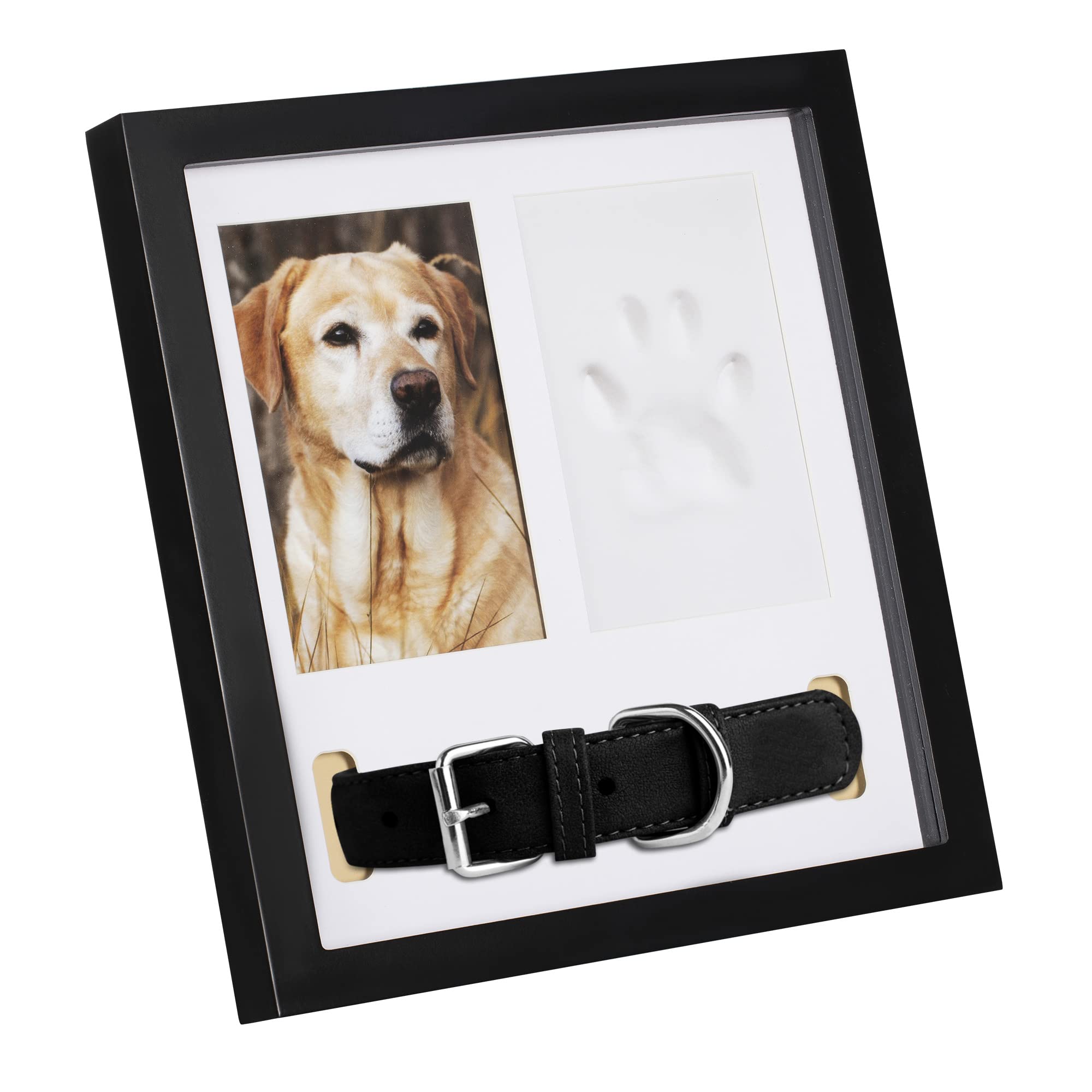 Navaris Marco de Foto 3 en 1 - Kit de Impresión de Huella en Arcilla para Perro con Espacio para Fotografía y Collar - Recuerdo de Mascotas