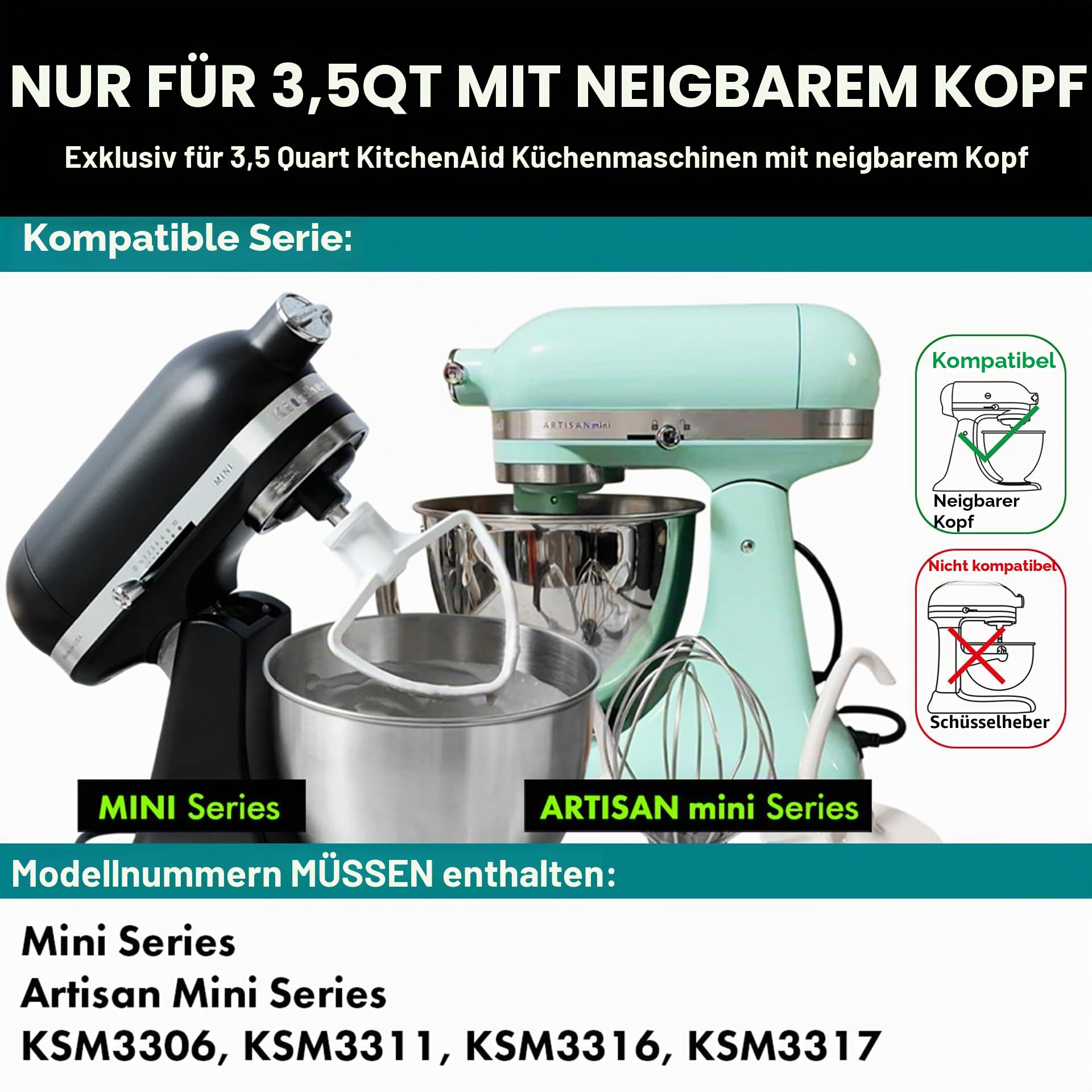 Spiral Knethaken Ersatz für KitchenAid 3,5 Qt. Kippkopf-Standmixer/poliertes 18/8 Edelstahl-Zubehör/keine Beschichtung/spülmaschinenfest/kompatibel für KSM3311/3316/Artisan Mini Serie