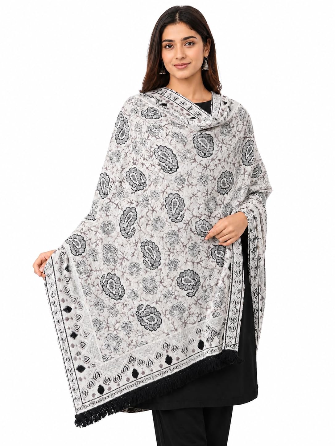 Women's Paisley Print Shawl, Off-White and Black-image-25