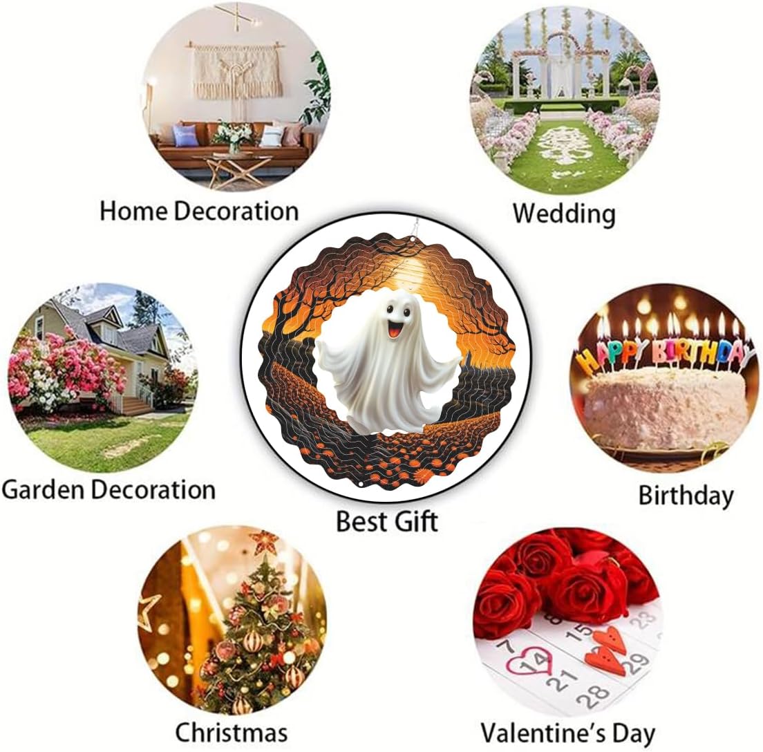 Hanging Wind Spinner Halloween Decor 10 Inch 3D Stainless Wind Spinner for Hanging Outdoor Holidays White Ghost Wind Spinners for All Saints' Day Room Party Garden Decor Outside