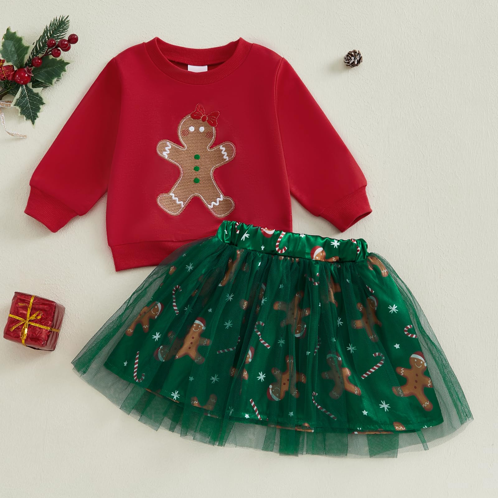 Doisbetthsay Toddler Christmas Dress Baby Girl Christmas Outfit Long Sleeve Gingerbread Sweatshirt + Tulle Skirt Set (A Green, 3-4T)
