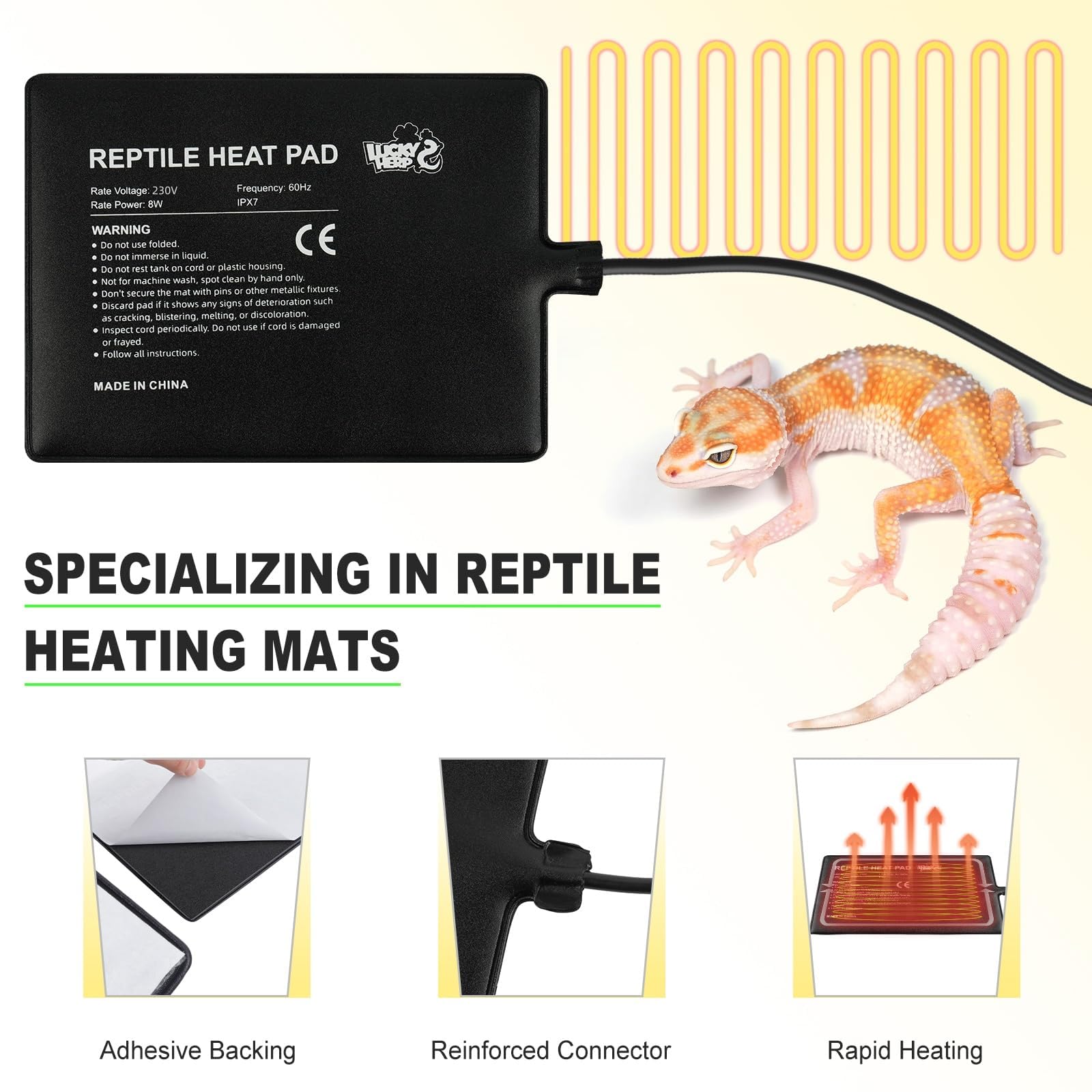 LUCKY HERP Almohadilla térmica para reptiles de 8 x 18 pulgadas, 24 W, almohadilla térmica para terrario debajo del tanque con perilla de ajuste, alfombrilla de calor para tortuga, lagarto, cangrejo