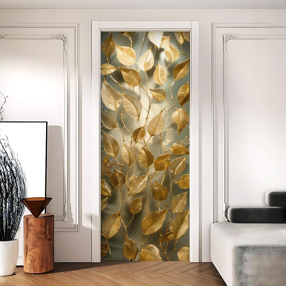 Gold Skeleton Leaf Botanical Door Mural Peel Stick 30.31x78.74in