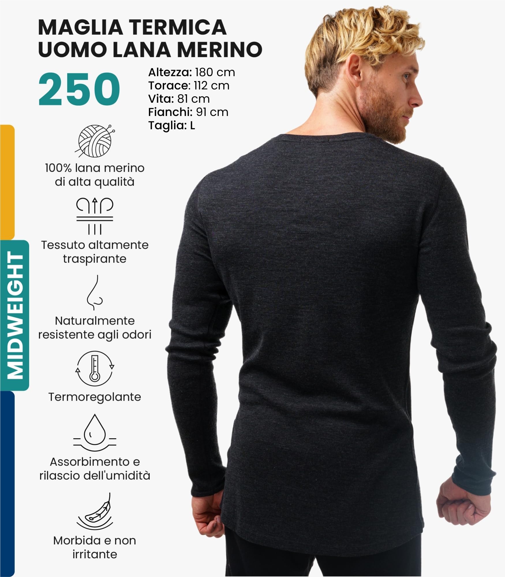Merino.tech Maglia Termica Lana Merino Uomo - 100% Intimo Termico Lana Merino Uomo Leggero, Medio, Pesante con Calzini