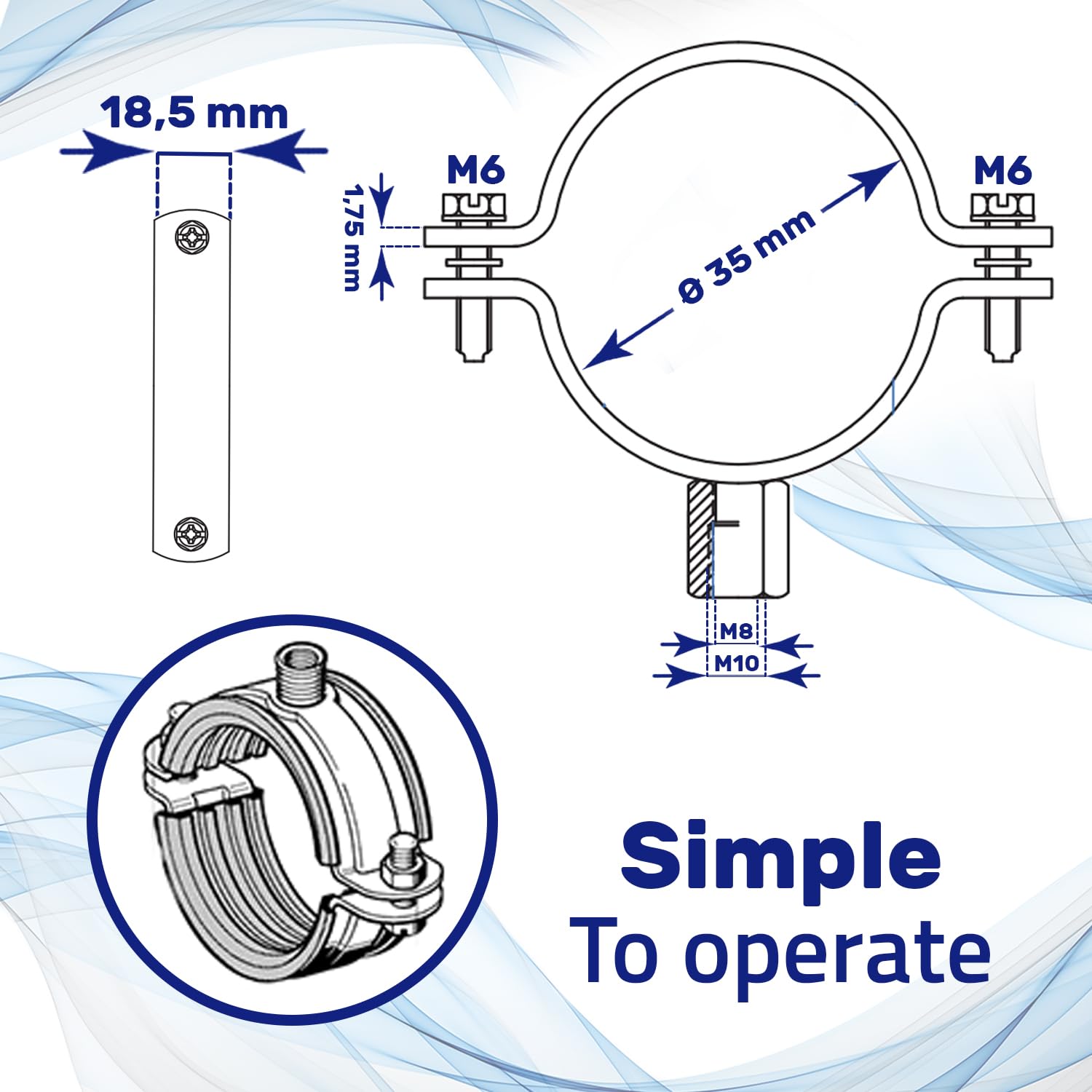 Insulated Pipe Clamp | Dual M08 / M10 Thread For Threaded Rod