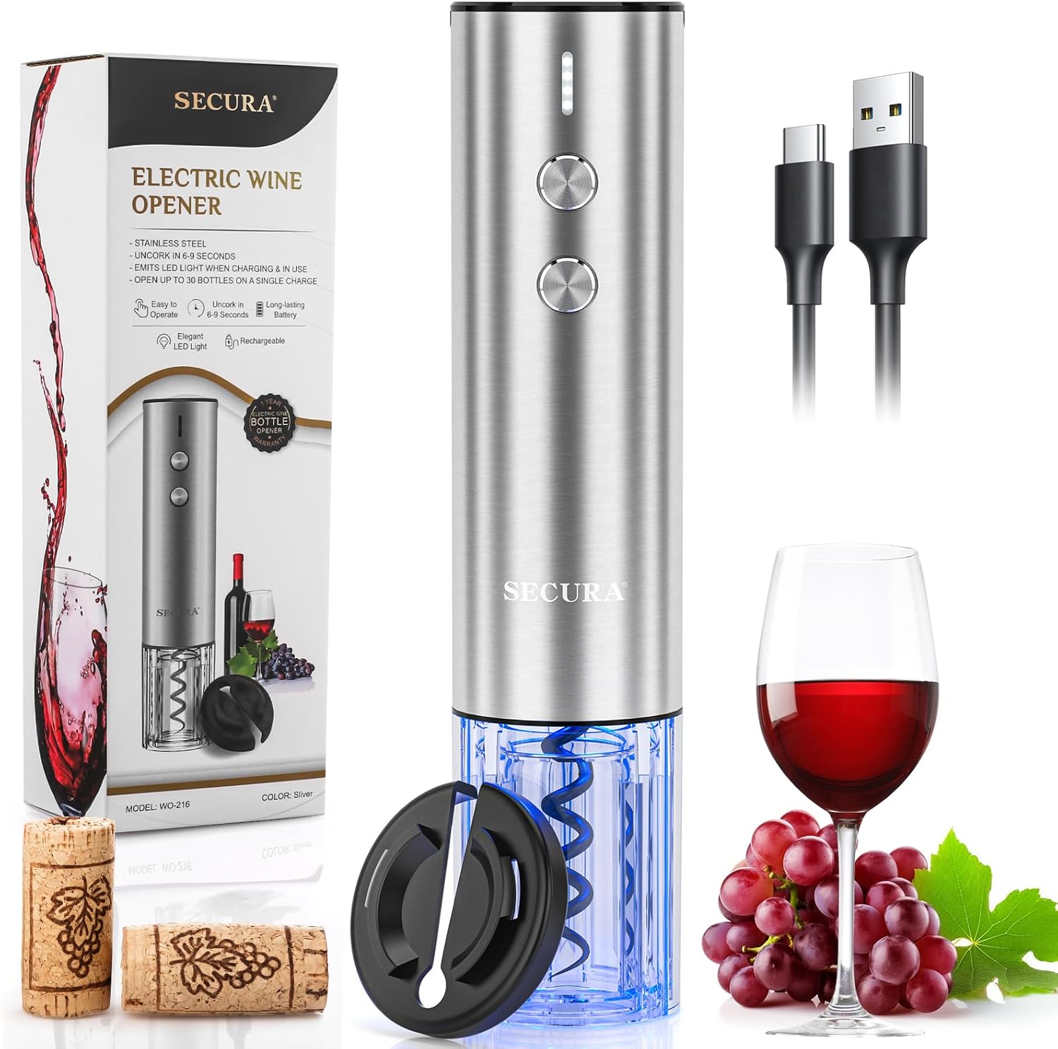 Secura Stainless Steel Electric Wine Opener, Rechargeable Automatic Home Wine Bottle Opener with Foil Cutter & Charging Cable, Reusable Corkscrew Wine Opener Electric for Wine Lovers, Silver Secura Stainless Steel Electric Wine Opener, Rechargeable Automatic Home Wine Bottle Opener with Foil Cutter & Charging Cable, Reusable Corkscrew Wine Opener Electric for Wine Lovers, Silver