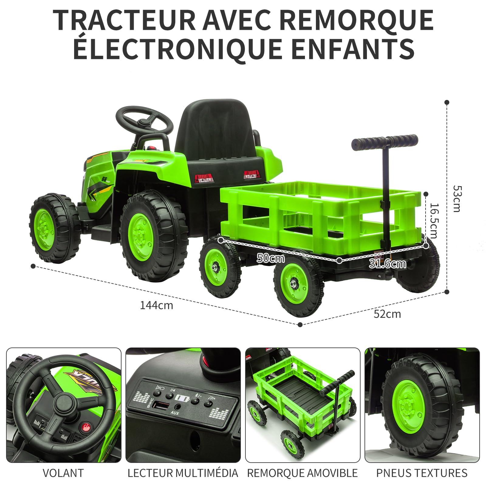 12V Kinder Elektrotraktor mit abnehmbarem Anhänger – 6 Räder, Doppelmotor, LED-Lichter, Musik & Hupe, 2,4G Fernbedienung, Sicherheitsgurt, 3 Geschwindigkeiten, wiederaufladbare Batterie –