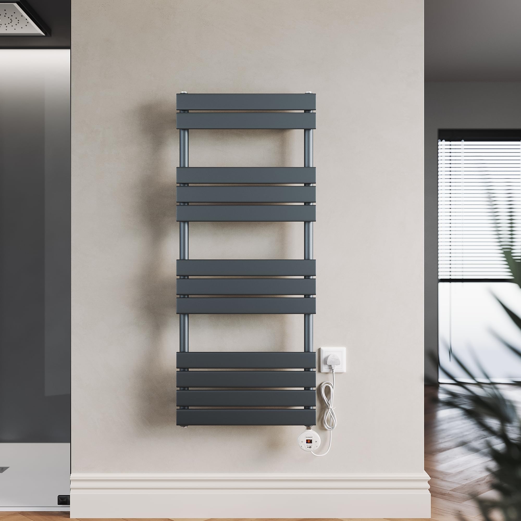ELEGANT 600W Smart WiFi Thermostatic Bathroom Heated Towel Rail, Vertical Wall-Mounted Electric Radiator with Timer & LCD Display, Energy Efficient, Anthracite 1250 x 500mm