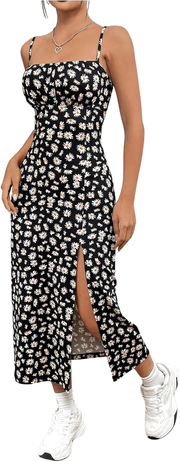 WDIRARA Women's Floral Print Split Thigh Midi Cami Dress Square Neck High Waist Slim Fit Summer Dress