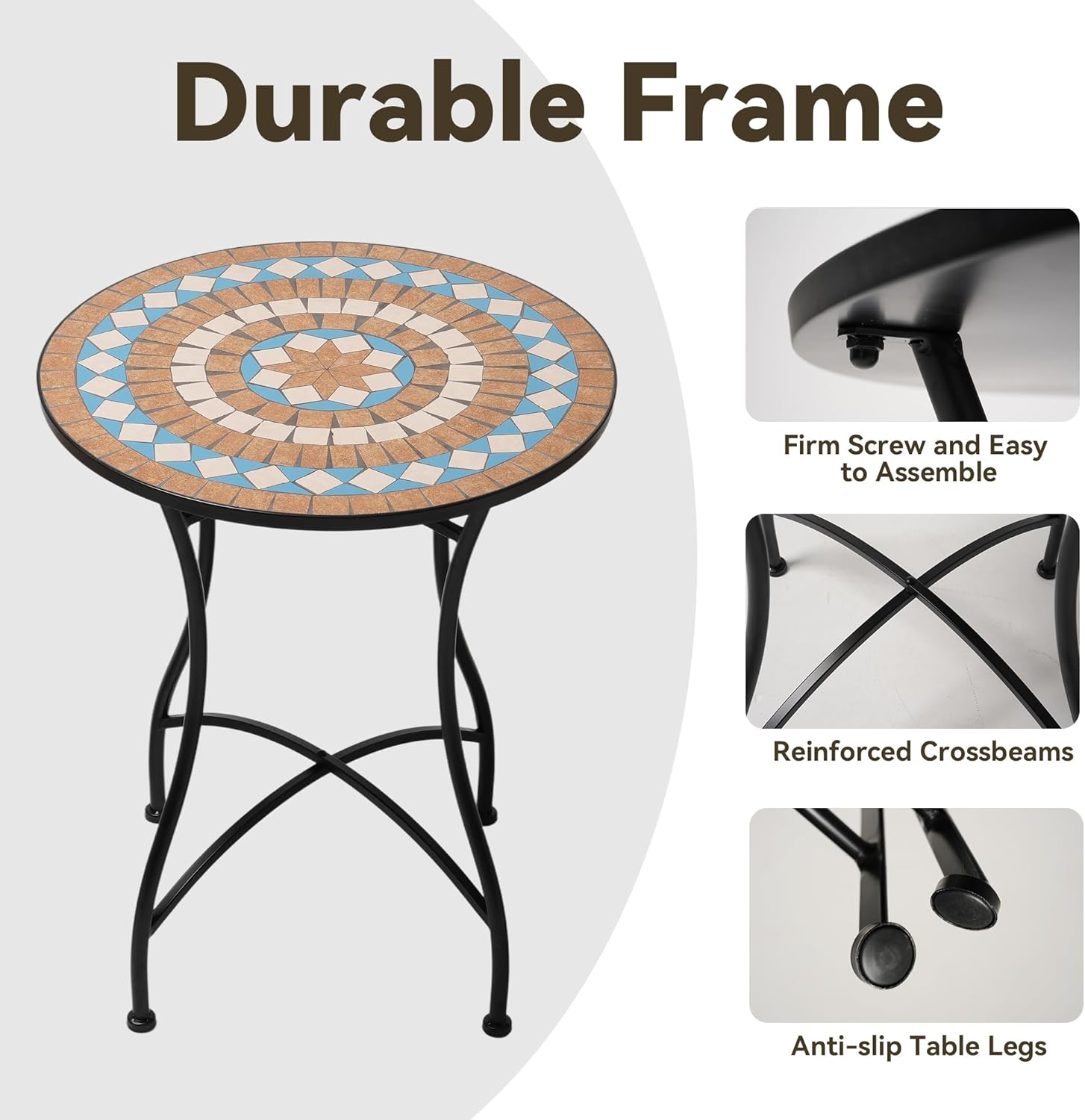 SUN TIME Vitality Mosaic 1 PCS Patio Bistro 24" Round Table with Wind-Resistant Ceramic Flowers Pattern, Waterproof Outdoor Furniutre for Garden, Kitchen, Porch,Meeting, Coffee Shop(1 PCS, Beige)