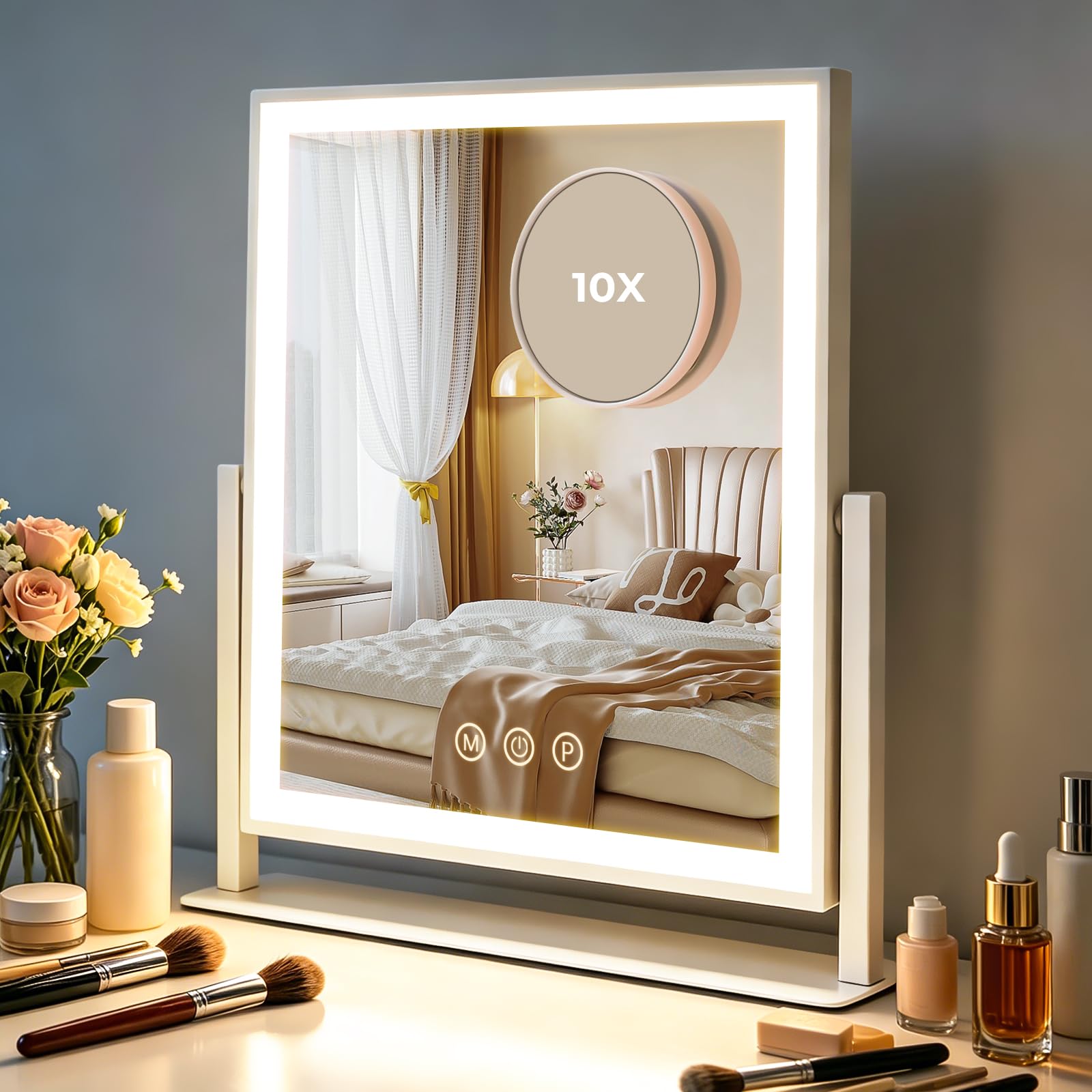 Kottova Makeup Mirror with Lights,Vanity Mirror, Lighted Makeup Mirror with 3 Color Dimmable Lighting & Touch Sensor, Detachable 10X Spot Mirror, White