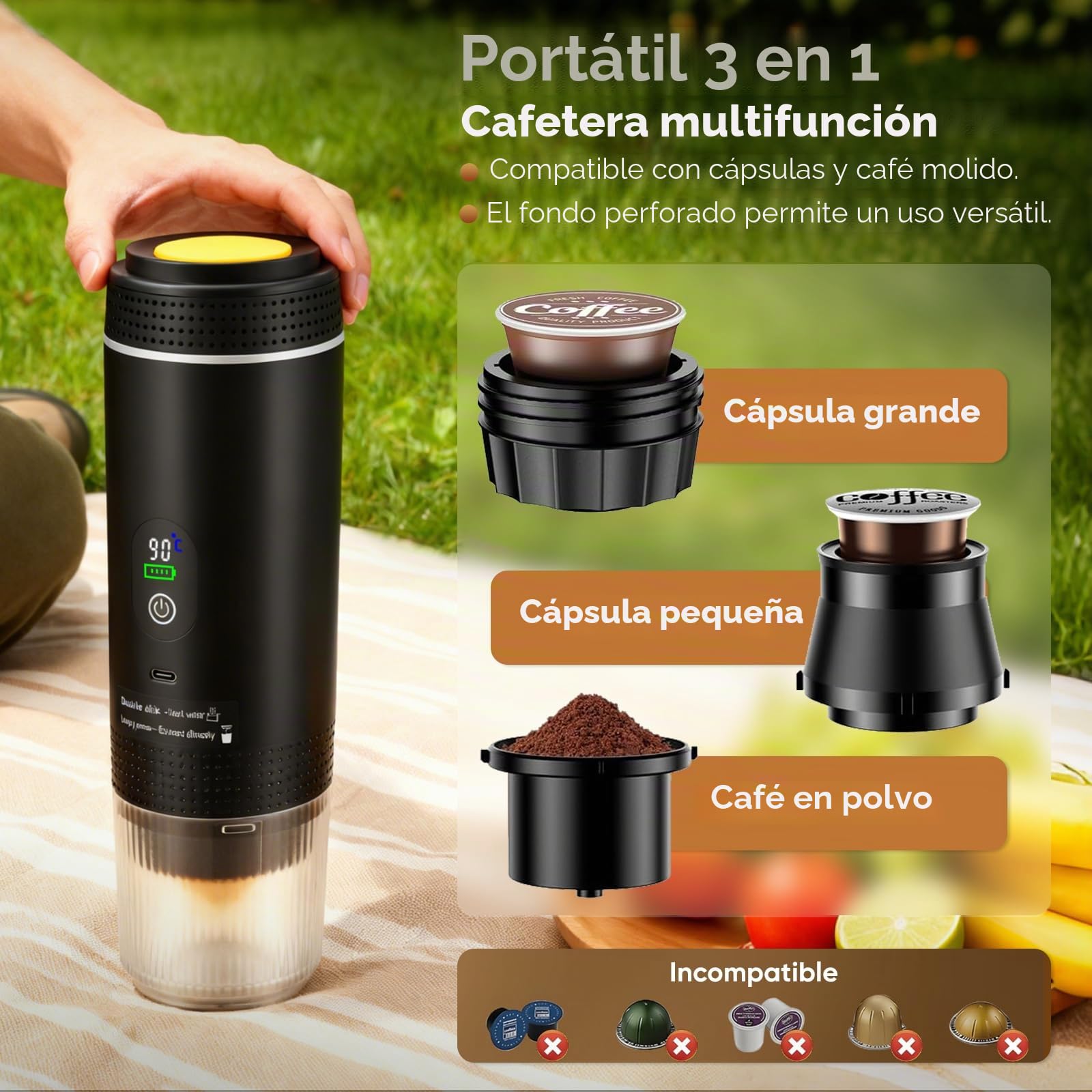 Cafetera Espresso Portátil, 3 en 1 Máquina de Café Eléctrica Compatible con Cápsulas Nespresso & Café Molido, Autocalentamiento, USB Recargable, Presión de 25 Bar, para Viajes Camping Coche Oficina