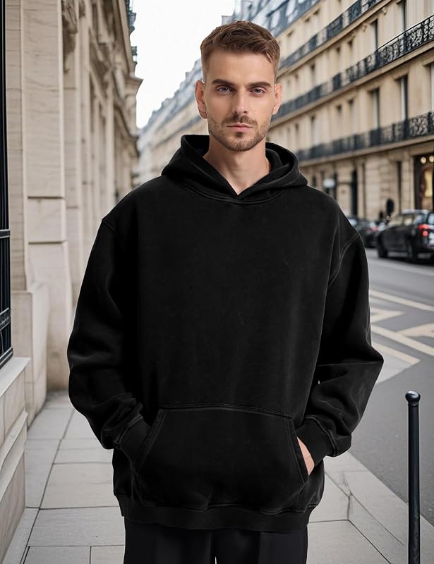 Hatant Mens Hoodies Pullover Oversized Sweatshirt Heavyweight Acid Washed Hoodie Big and Tall for Men Couples Streetwear, Workout, Casual, Black, L image 3