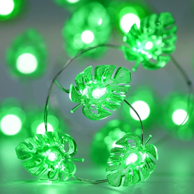 Green String Lights,10ft 40 LEDs Green Palm Leaves Fairy Light, Battery Powered with 12 Modes, Remote and Timer Function for St. Patricks Summer Party Wedding Decoration