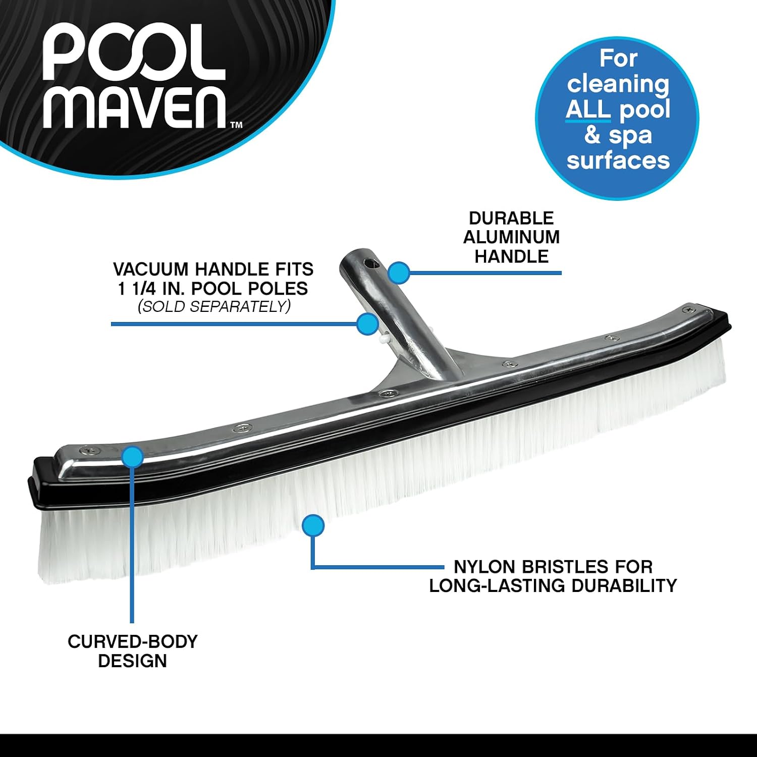 18-Inch Swimming Pool Wall Brush with Aluminum Back and Durable Nylon Bristles, Heavy Duty Wall and Floor Brush for Inground Pools, Performance Series