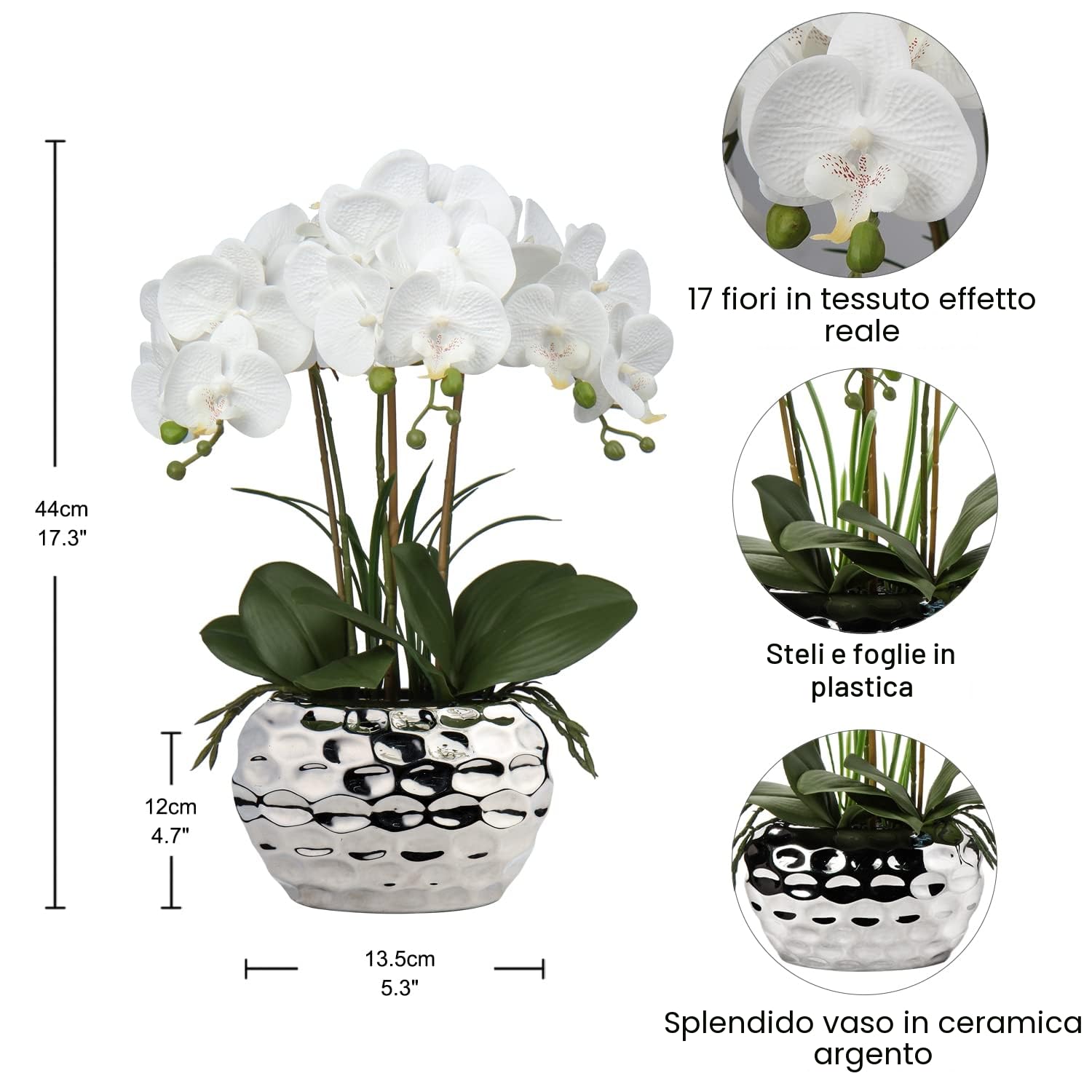 Oairse Pianta artificiale, orchidee, decorazione artificiale, fiori artificiali, come veri, con fiori real-touch, in vaso di ceramica, decorazione per davanzale, altezza 44 cm