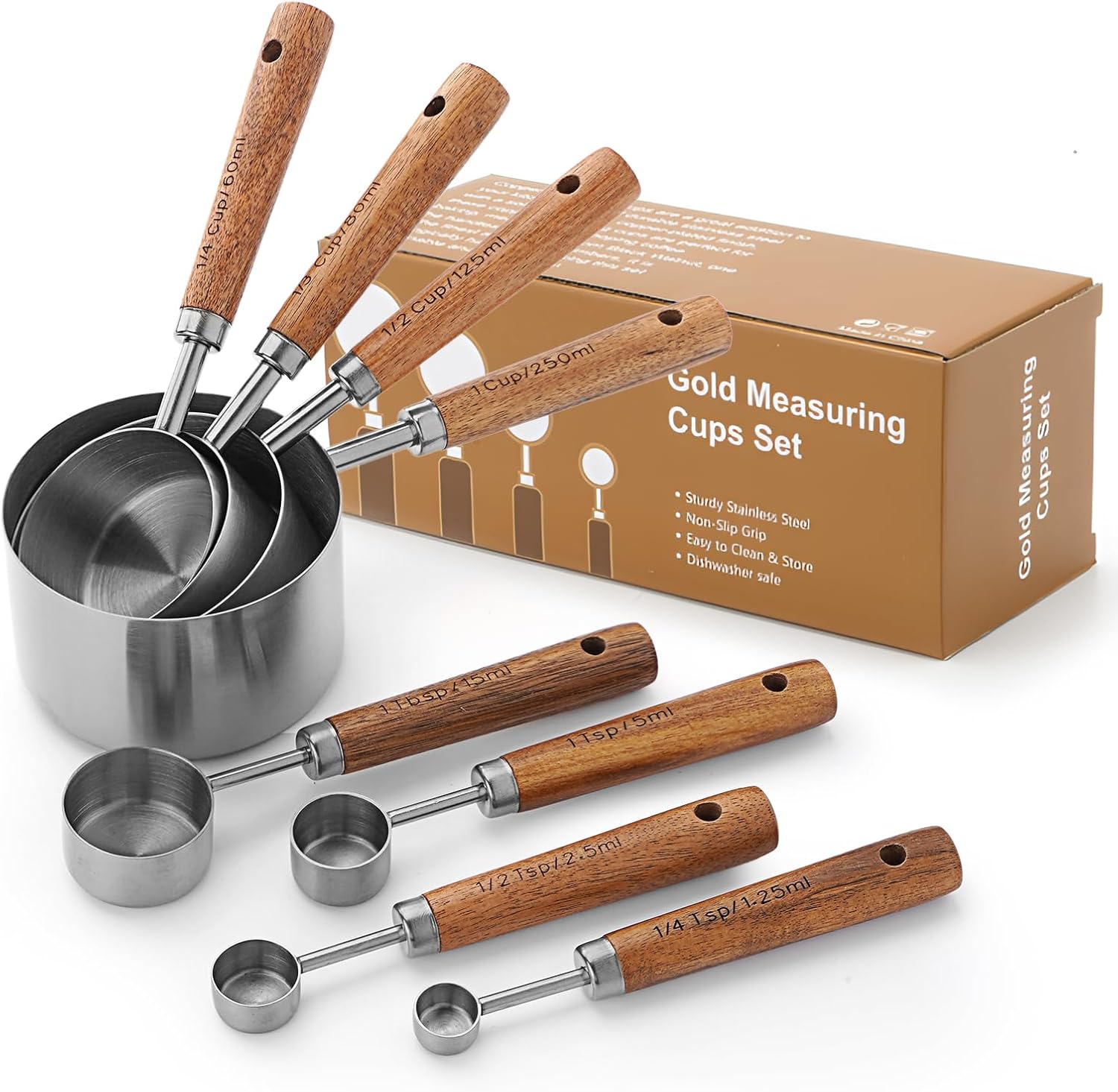 SHIKORI Gold Measuring Cups and Spoons Set with Wood Handles, Premium Stainless Steel Measuring Spoons and Measuring Cups Set-Silver