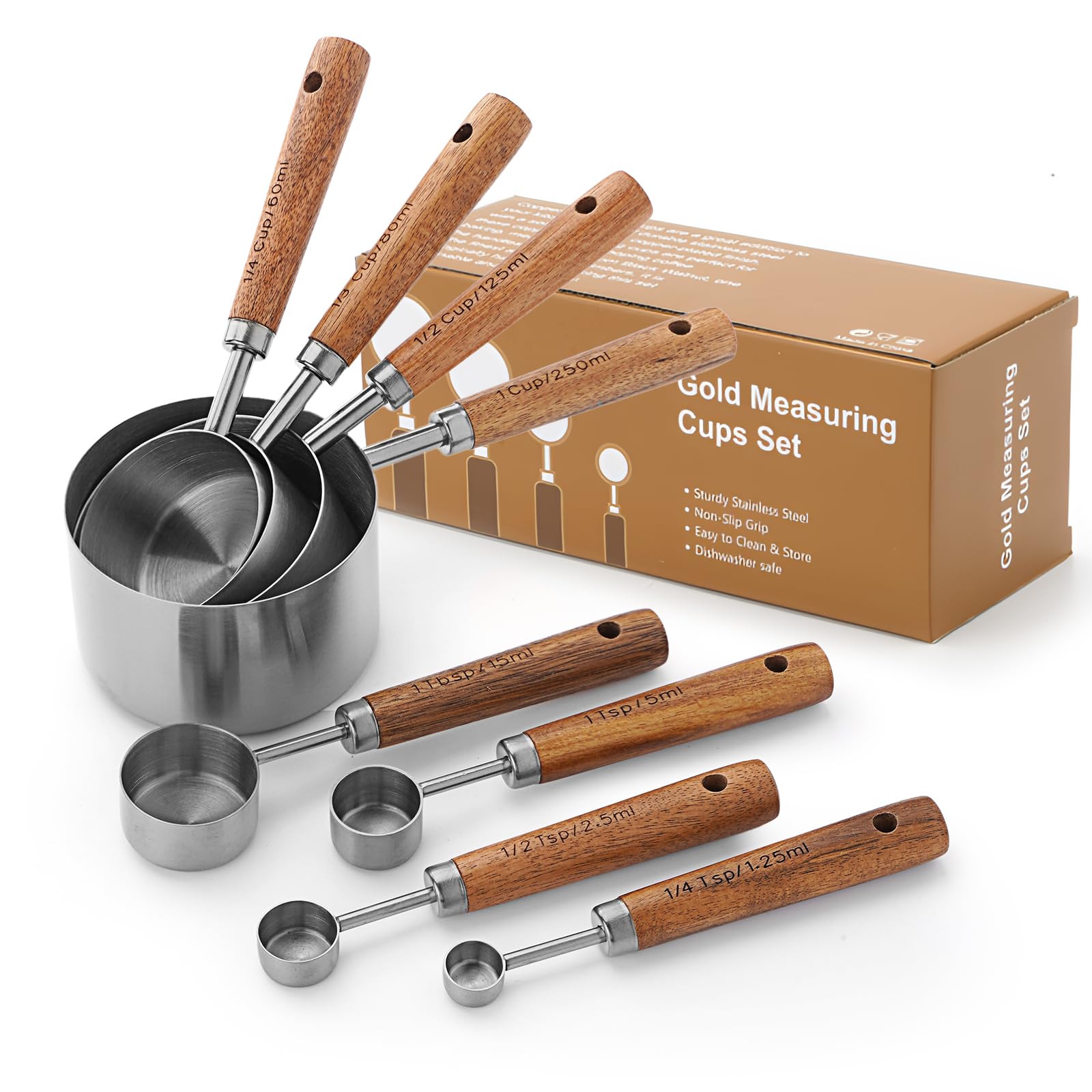 SHIKORI Goldfarbenes Messbecher- und Löffel-Set mit Holzgriffen, Premium-Edelstahl-Messlöffel und Messbecher-Set, Silber