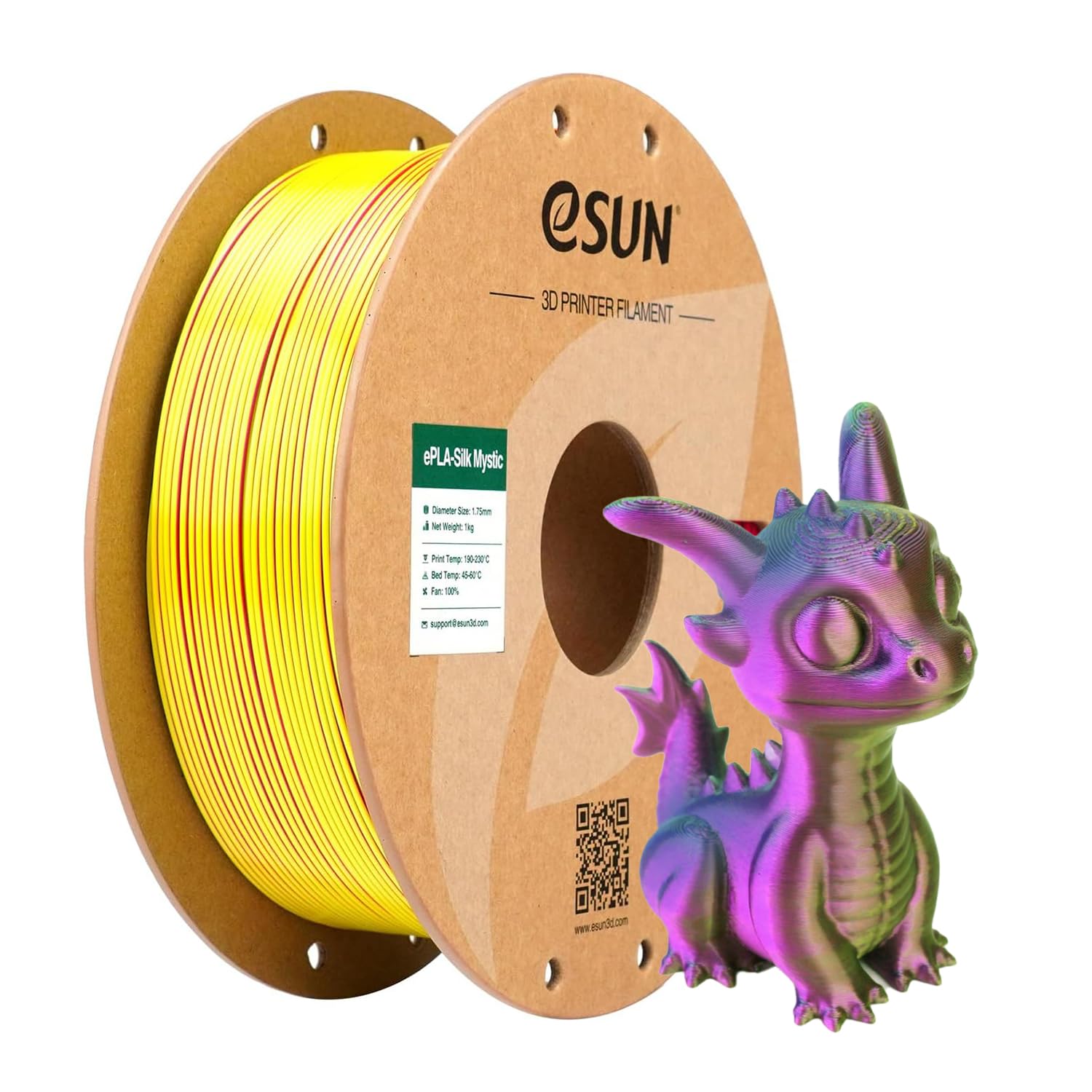 eSUN Filamento PLA tricolore di seta 1,75 mm, filamento coestruso setoso per stampanti 3D PLA, bobina da 1 kg di PLA mistico di seta coestrusione per stampanti 3D, Rosso Giallo Blu