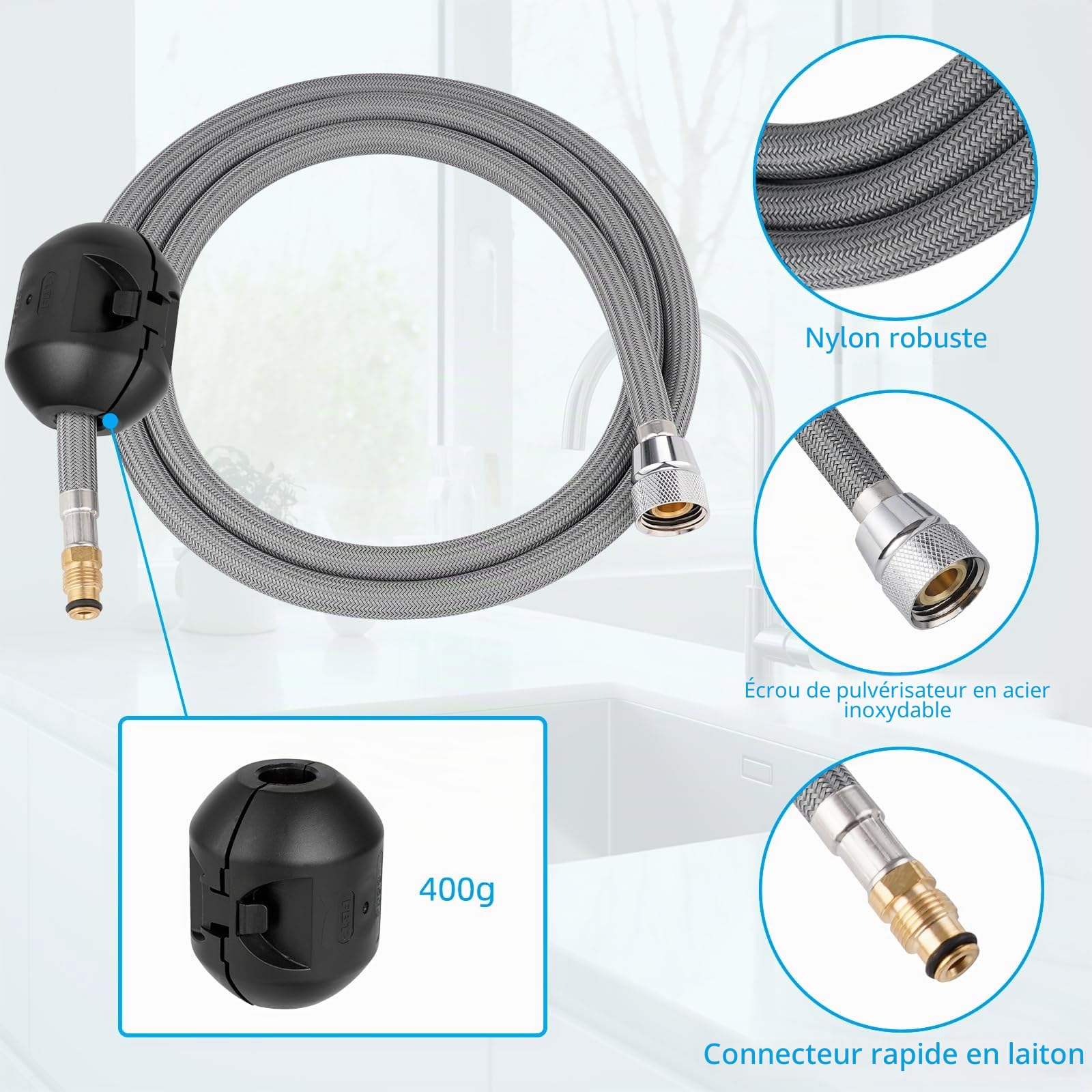 Hibbent Remplacement du tuyau du robinet à tirette compatible avec les robinets de cuisine Hansgrohe/Grohe avec 6 adaptateurs, Standard 88624000/46174000 /46092000 Model Hose Replacment,1.5m